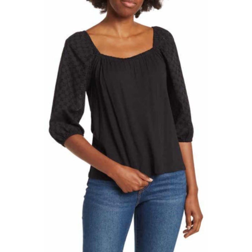 Sanctuary Women's Black Zooey Square Neck Puff-Sleeve Top Size XL